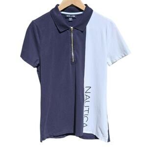 Nautica Women's Short Sleeve 1/4 Zip Colorblock Collared Polo Navy White Medium
